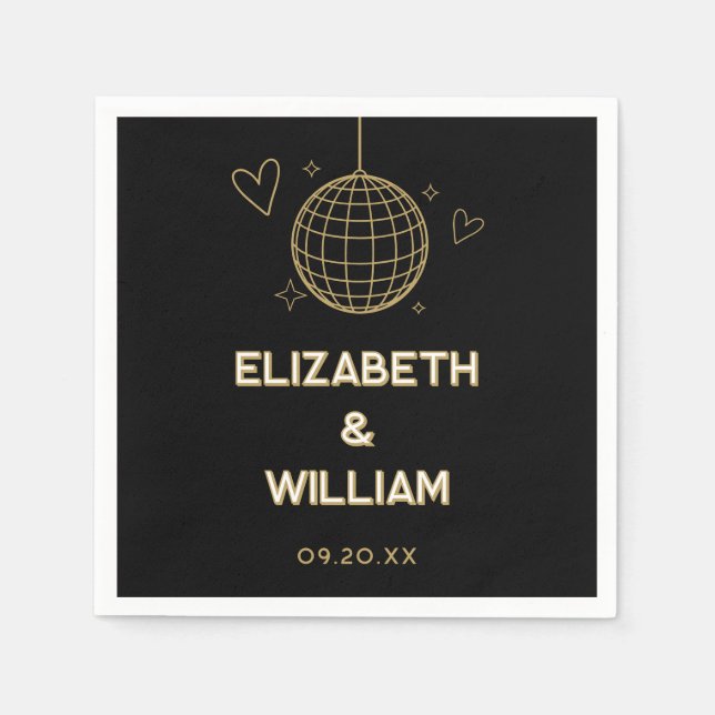 Guardanapo De Papel Casamento Retro Disco Groovy Preto e Dourado dos A (Frente)