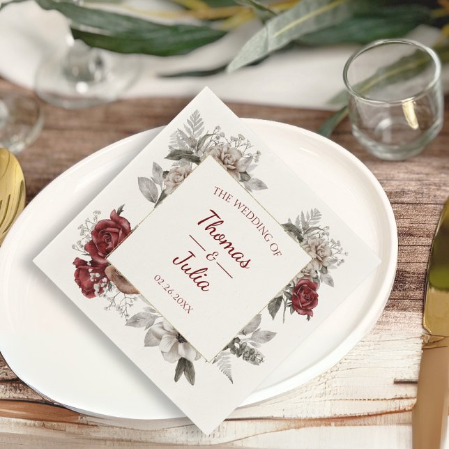 Guardanapo De Papel Casamento Romântico Burgundy e Silver Floral (Romantic Burgundy & Silver Floral Wedding Napkins)