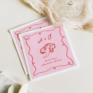 Guardanapo De Papel Casamento Rosa e Vermelho Desenhado Mão Branca