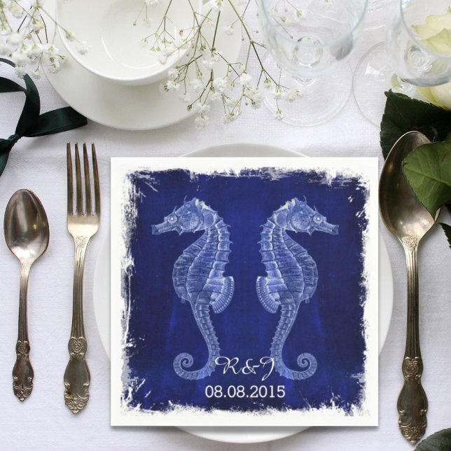 Guardanapo De Papel casamento russo de cavalo-marinho-azul-costeiro (rustic beach coastal blue seahorse wedding napkins)
