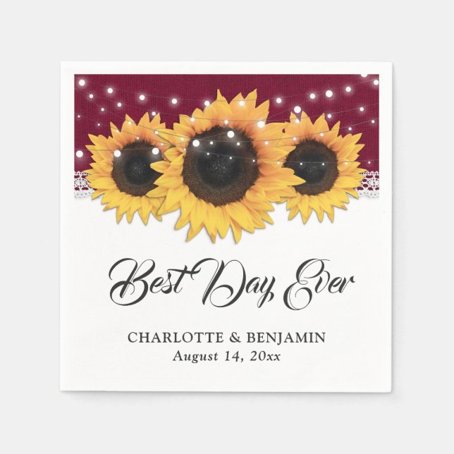 Guardanapo De Papel Casamento Rustic Burgundy Burlap Lace Sunflower (Frente)