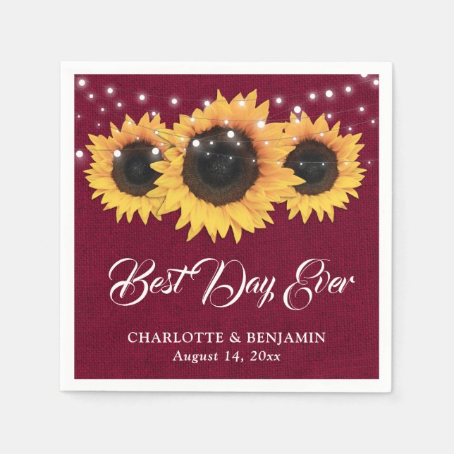 Guardanapo De Papel Casamento Rustic Burgundy Burlap Sunflower (Frente)