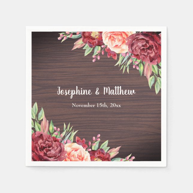 Guardanapo De Papel Casamento Rustic Burgundy Floral Watercolor (Frente)