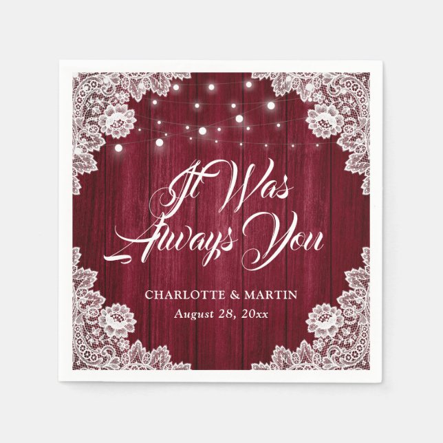 Guardanapo De Papel Casamento Rustic Burgundy Red Wood Napkins (Frente)