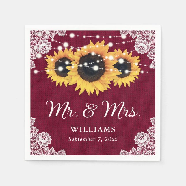 Guardanapo De Papel Casamento Rustic Burlap Lace Sunflower Burgundy (Frente)