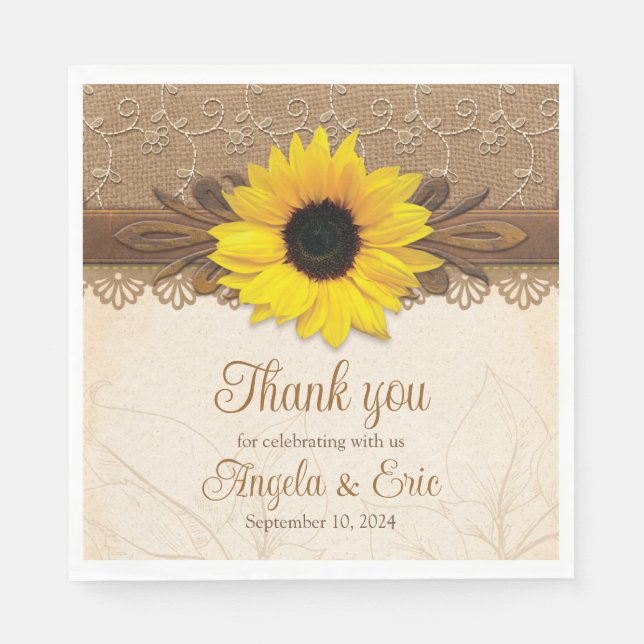 Guardanapo De Papel Casamento Rustic Burlap Lace Wood Sunflower (Frente)