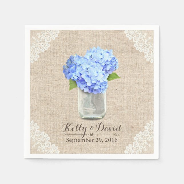 Guardanapo De Papel Casamento Rustic Burlap Mason Jar Blue Hydrangea (Frente)