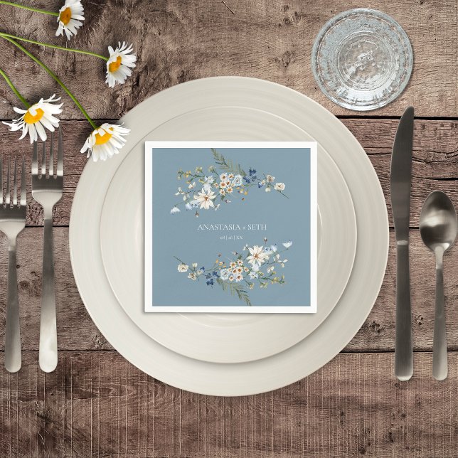 Guardanapo De Papel Casamento Rustic Dusty Blue Selvagens & Daisies (Rustic Dusty Blue Wildflowers & Daisies Wedding Cocktail Napkin)