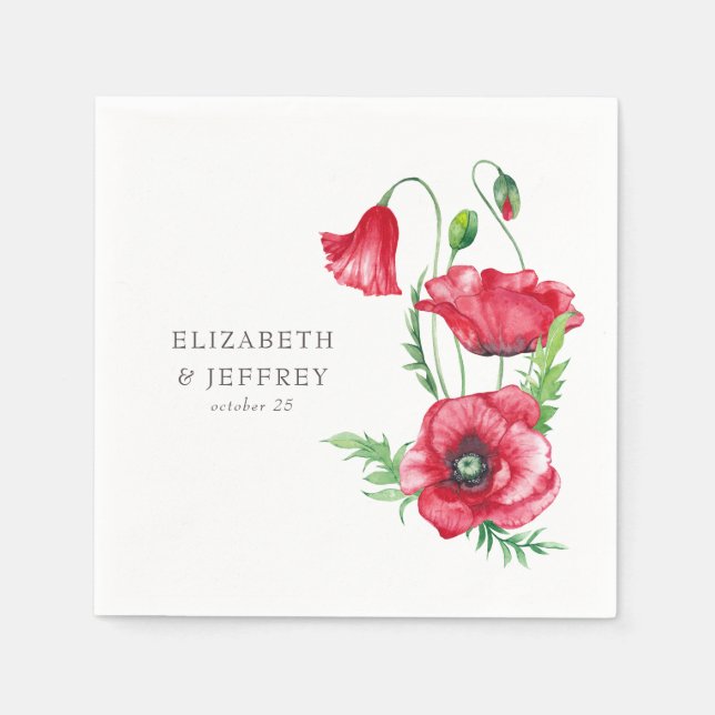 Guardanapo De Papel Casamento Rustic Elegant Watercolor Red Poppy (Frente)