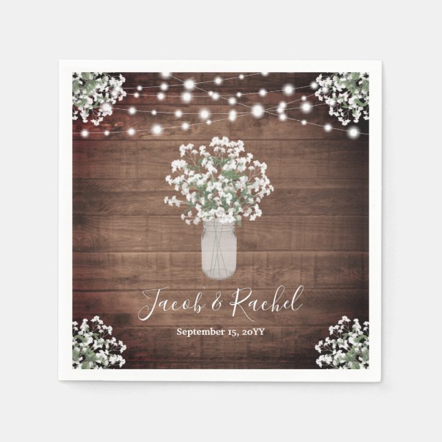 Guardanapo De Papel Casamento Rustic Floral Mason Jar & String Lights (Frente)