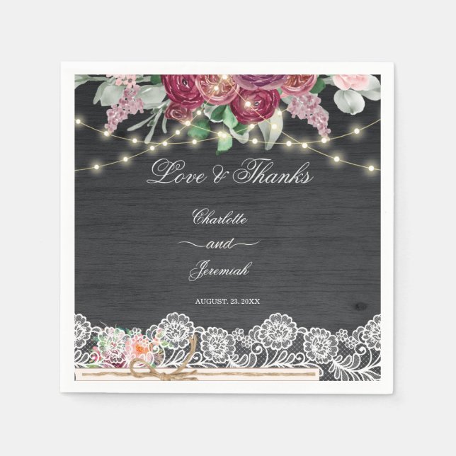 Guardanapo De Papel Casamento Rustic Lace Mason Jar String Luzes (Frente)