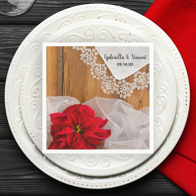 Guardanapo De Papel Casamento Rustic Poinsettia e Lace Winter Barn (Set a festive table with this rustic chic December wedding paper napkin.)