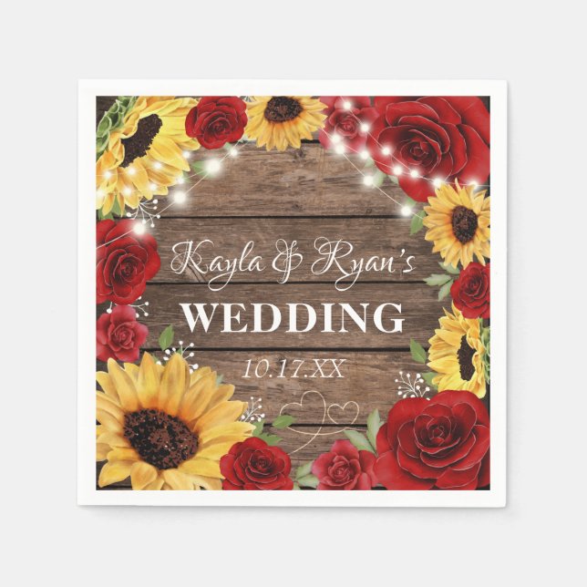 Guardanapo De Papel Casamento Rustic Sunflower Rosa Wood Background (Frente)