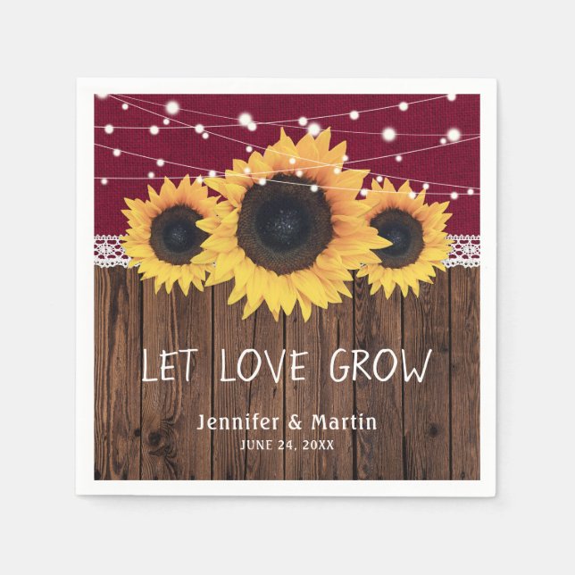 Guardanapo De Papel Casamento Rustic Wood Burlap Lace Sunflower Burgun (Frente)