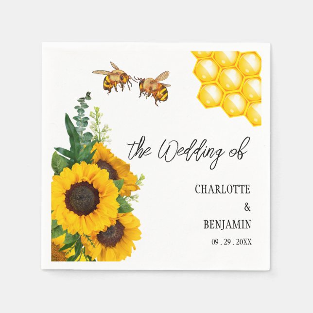 Guardanapo De Papel Casamento Rustic Yellow Sunflower & Bees (Frente)