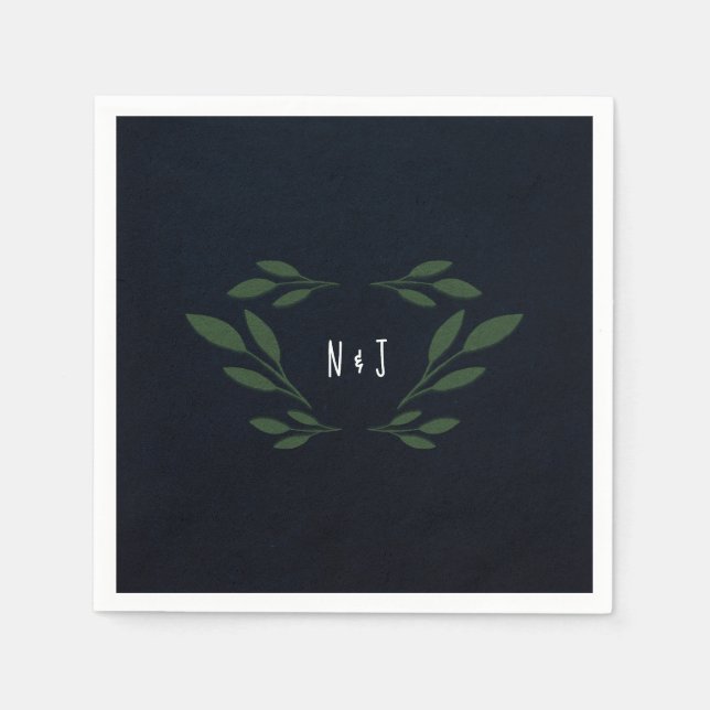 Guardanapo De Papel Casamento Rústico com Folhas Verde e Azul Escuro (Frente)