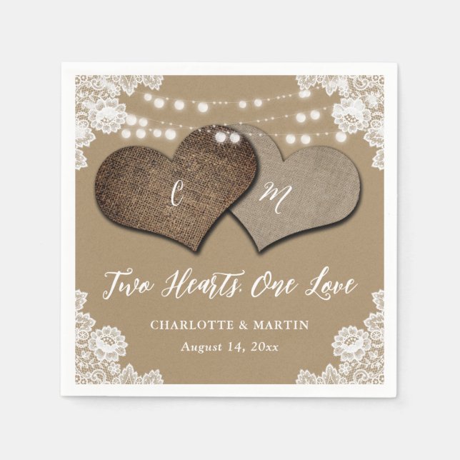 Guardanapo De Papel Casamento Rústico de Burlap Lace Monogramas de Pap (Frente)