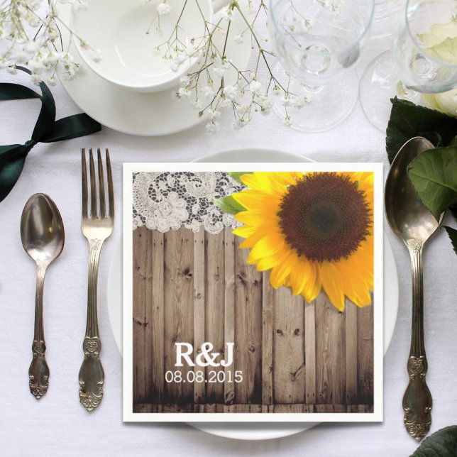 Guardanapo De Papel casamento rústico de celeiro de madeira de girasso (rustic lace barn wood sunflower country wedding napkins)