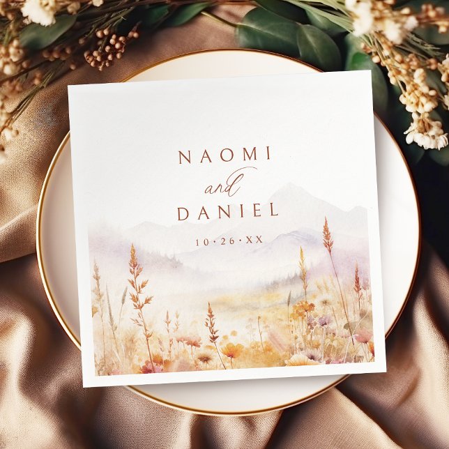 Guardanapo De Papel Casamento Rústico de Montanha com Flor Silvestre e (Fall Watercolor Wildflower Mountain Rustic Wedding Napkins)