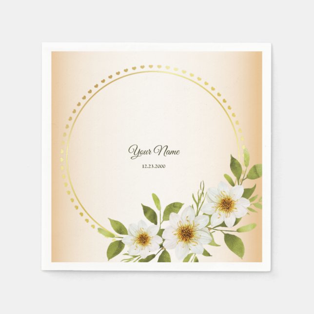 Guardanapo De Papel Casamento Rústico Geométrico Dourado Floral Branco (Frente)