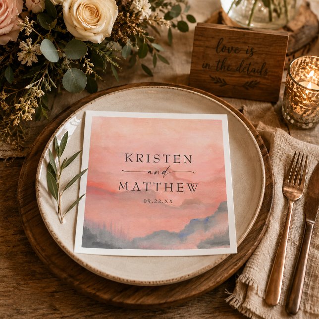 Guardanapo De Papel Casamento Rústico Pôr do Sol Montanha Aquarela (Personalize your cocktail hour or reception bar with these beautiful watercolor mountain napkins)