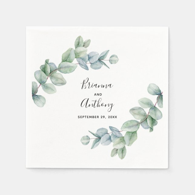 Guardanapo De Papel Casamento Simples Boho Watercolor Eucalyptus Green (Frente)