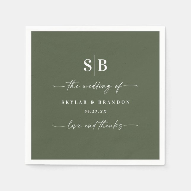 Guardanapo De Papel Casamento Simples Cor Sólida Verde Escuro Monogram (Frente)