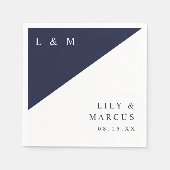 Guardanapo De Papel Casamento Simples Marinho Azul Branco Elegante Mon (Frente)