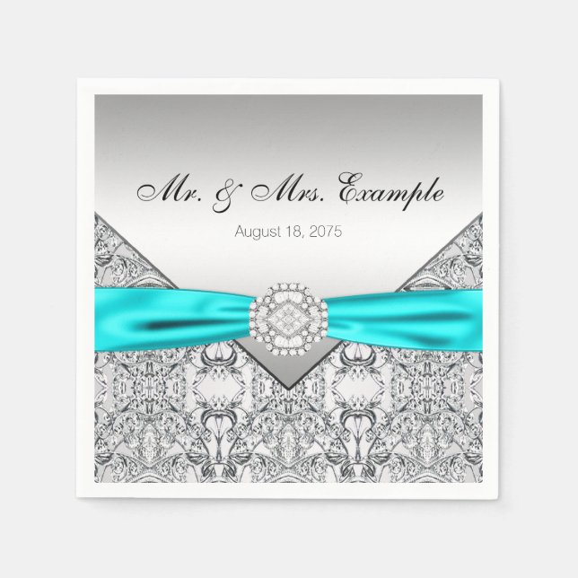 Guardanapo De Papel Casamento Sofisticado com Prata e Azul Turquesa (Frente)