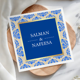 Guardanapo De Papel Casamento tema damasco Azul Folha Ouro Faux