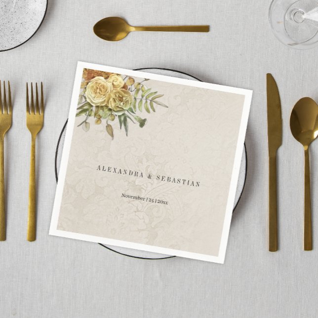 Guardanapo De Papel Casamento tema damasco de Creme de Rosas Amarelas  (Criador carregado)