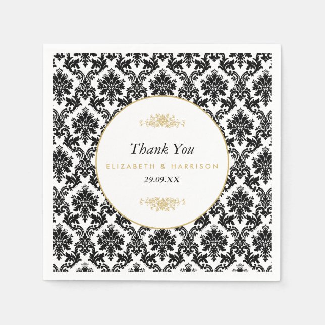 Guardanapo De Papel Casamento tema damasco Dourado, Preto e Branco (Frente)
