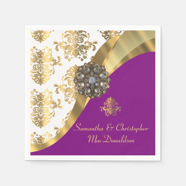 Guardanapo De Papel Casamento tema damasco tradicional branco, roxo e  (Frente)