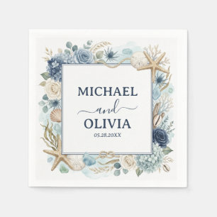 Guardanapo De Papel Casamento Tema Oceano Floral Azul Concha Marinha N