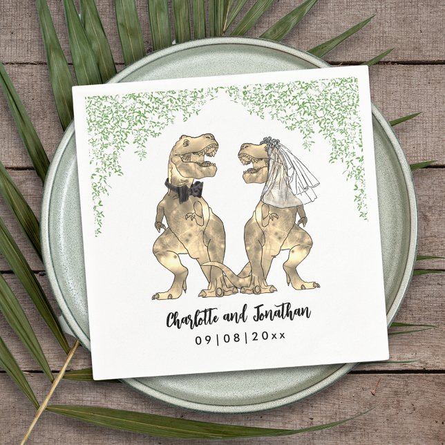 Guardanapo De Papel Casamento Temático de Dinossauro Noiva e Noivo T-R (Dinosaur themed wedding with fun T-Rex bride and groom with  Jurassic jungle foliage custom napkin)