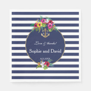 Guardanapo De Papel Casamento Tropical Floral Luau Marinho Blue Stripe