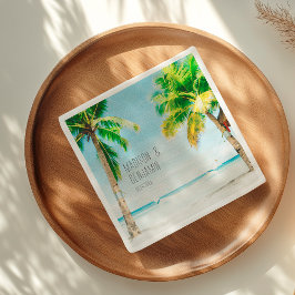 Guardanapo De Papel Casamento Tropical Retrô Palmeiras Praia Oceano Az