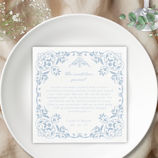 Guardanapo De Papel Casamento Único de Chinoiserie Azul e Branco Elega (elegant blue and white chinoiserie regency era inspired fun facts about the bride and groom napkins)