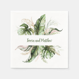 Guardanapo De Papel Casamento Verde Tropical Dourado, Rosa Esbranquiça