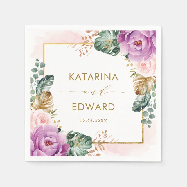 Guardanapo De Papel Casamento Verde Tropical Roxo (Frente)