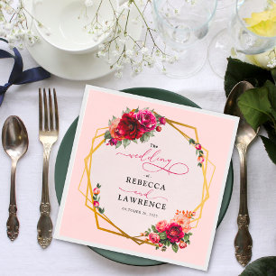 Guardanapo De Papel Casamento vermelho-quic, floral e dourado falso