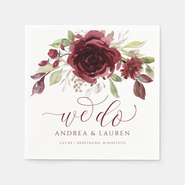 Guardanapo De Papel Casamento Vinho Tinto Borgonha Aquarela Bouquet Nó (Frente)