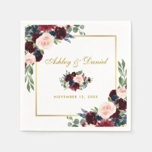 Guardanapo De Papel Casamento Watercolor Burgundy Azul Floral Dourado