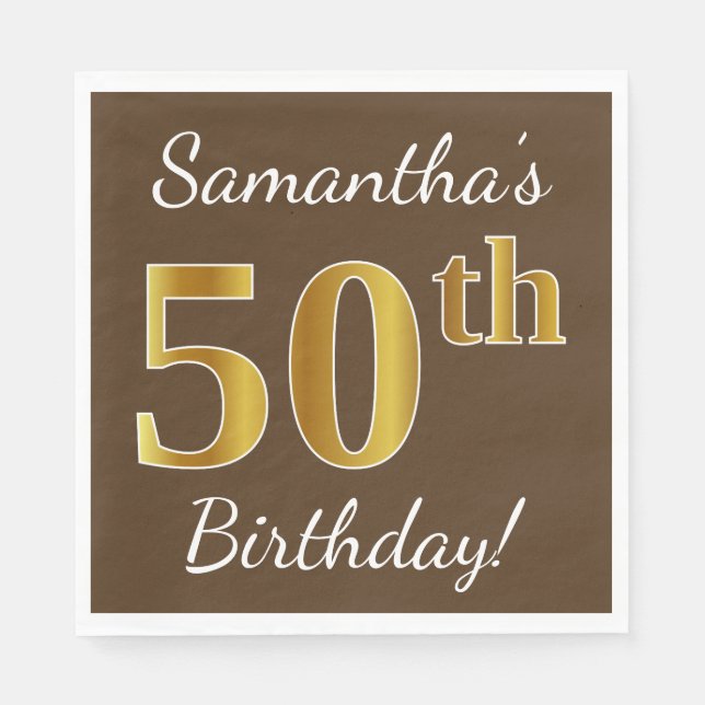 Guardanapo De Papel Castanho, Faux Dourado 50º Aniversário + Nome Pers (Frente)
