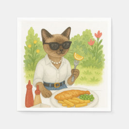 Guardanapo De Papel Cat está comendo Peixe e Chips em Londres Inglater