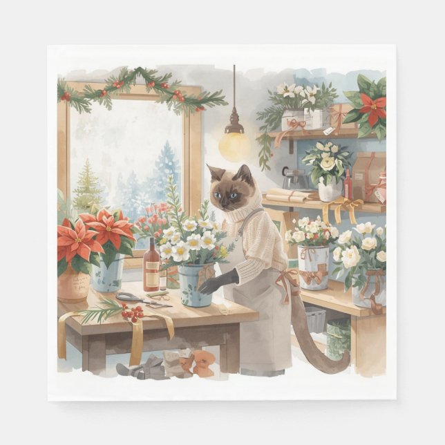 Guardanapo De Papel Cat is arranging Christmas Flowers (Frente)