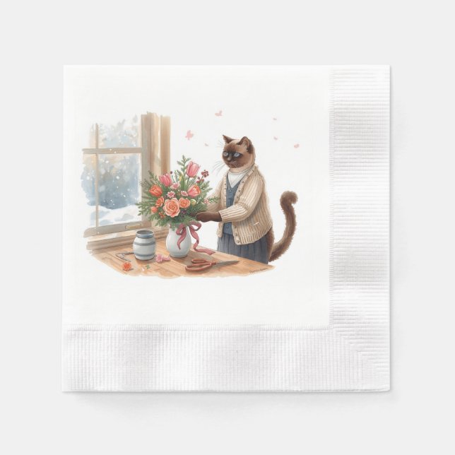Guardanapo De Papel Cat is arranging Christmas Flowers (Frente)
