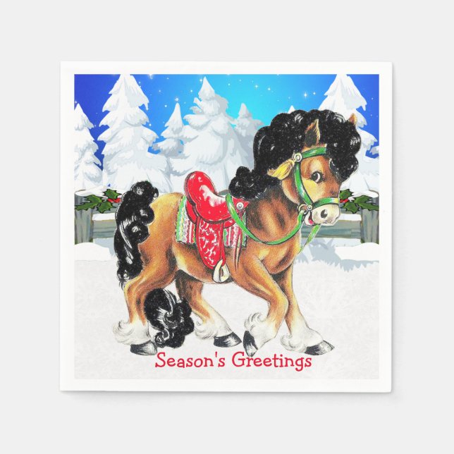 Guardanapo De Papel Cavalo com sela vermelha Cena de inverno Nápoles (Frente)