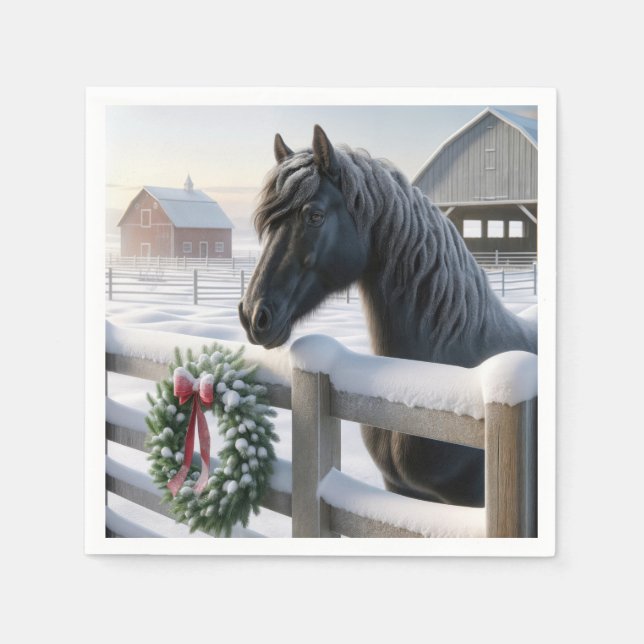 Guardanapo De Papel Cavalo Negro com Fúria de Natal Neve (Frente)