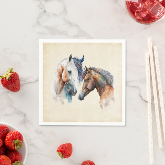Guardanapo De Papel Cavalos em Aquarela Boho com Tinta Pingando (Insitu)